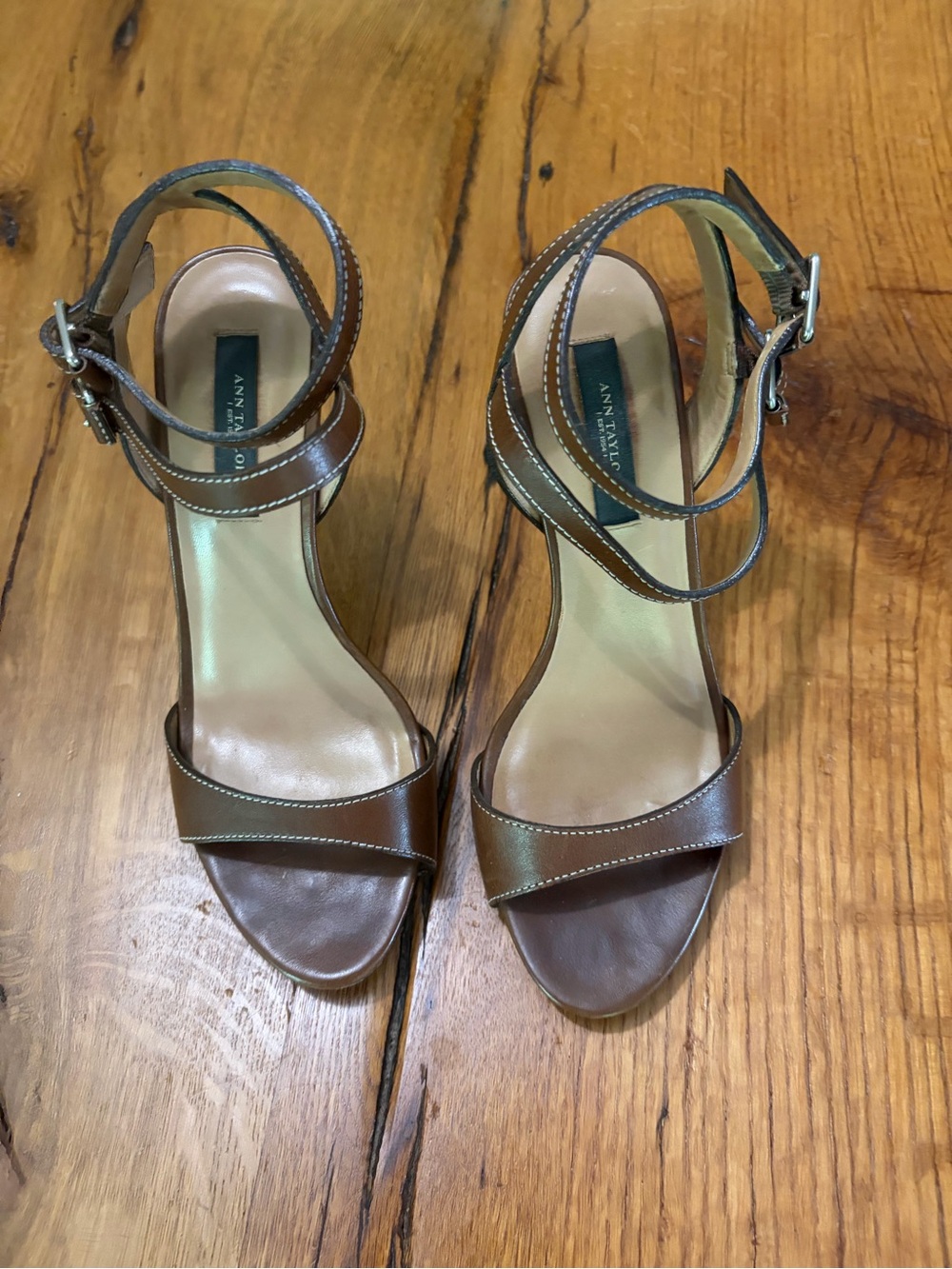 Ann Taylor Brown Leather Ankle-Strap Heels, Size 6 1/2 M